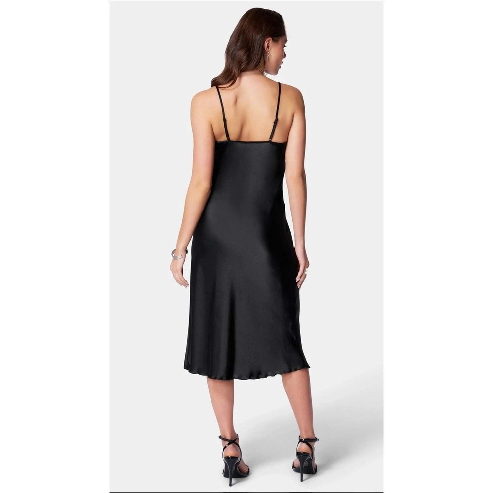 BeBe Black Satin Cowl Neck Midi Slip Dress Spaghetti Strap Minimalist LBD Size M - Picture 9 of 10